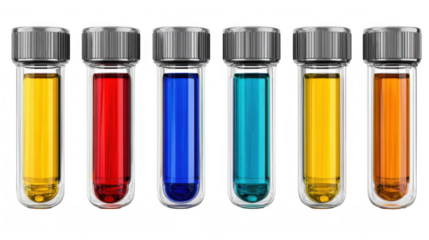 Six laboratory test tubes containing colorful chemical liquids stand on a transparent background, ready for scientific analysis and research