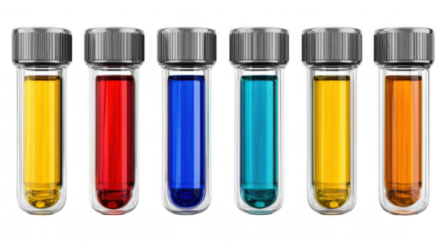 Six laboratory test tubes containing colorful chemical liquids stand on a transparent background, ready for scientific analysis and research