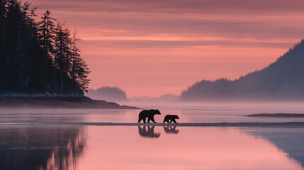 silhouette of a couple of bears on a calm lake in the forest at sunset or sunrise