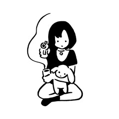 Line art of a girl, a bunny, and a surreal flame with soft emotions