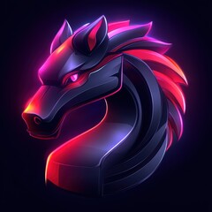 Stylized Horse Head with Metal Armor and Glowing Edges on Dark Background