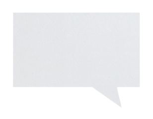 A blank white speech bubble with a pointed tail, designed for text or dialogue representation.