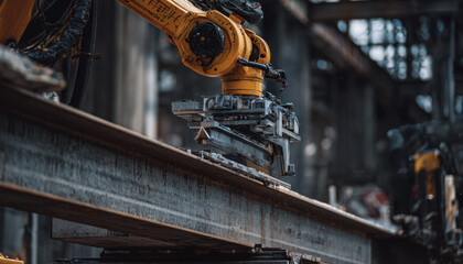 A robotic arm is positioned above the steel beam, preparing to cut it with its blade