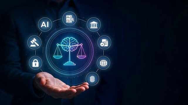 Businessman holding glowing hologram with icons of ai ethics and governance, showing legal control and rules in digital tech, concept of ai ethics, governance