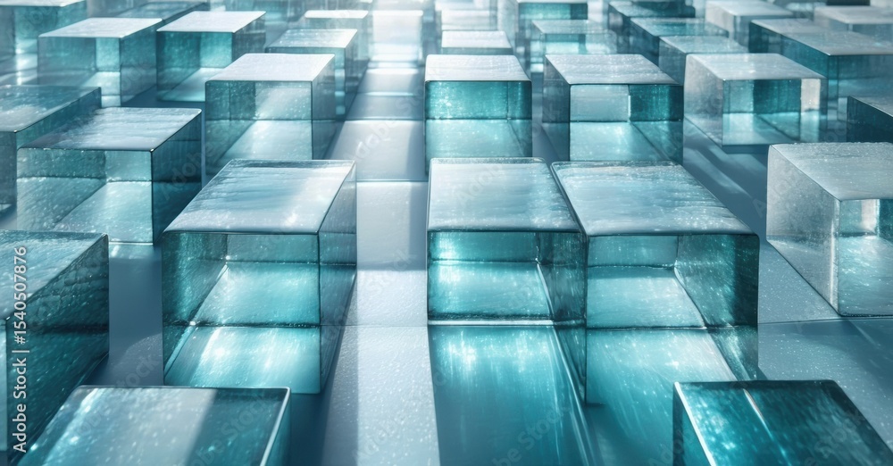 Poster abstract cubical structures, cool blue tones, digital rendering. geometric shapes create depth, futu
