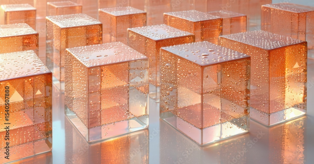 Poster orange cubes reflect light, creating glossy surfaces. water droplets cover each block, adding textur