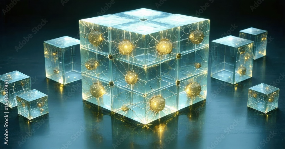 Poster glowing cubes, interconnected network visible within. futuristic design, digital aesthetic, bright i