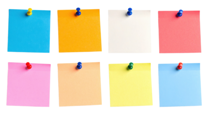 Eight colorful sticky notes pinned in two rows, featuring blue, orange, white, pink, light pink, peach, yellow, and light blue squares.