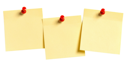 Three blank yellow sticky notes pinned with red thumbtacks in a row.