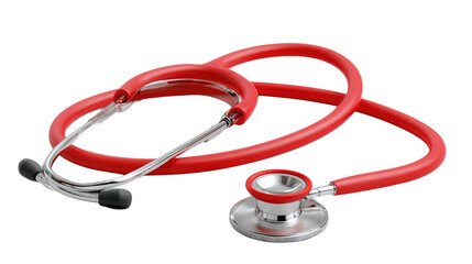 Red Stethoscope Close-up: An eye-level shot of a pristine red stethoscope, meticulously isolated against a clean backdrop, perfect for healthcare and medical concept illustrations.