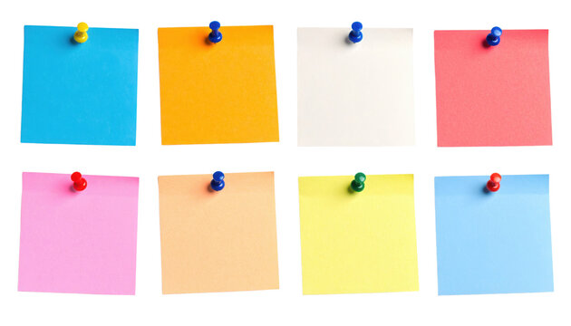 Eight colorful sticky notes pinned in two rows, featuring blue, orange, white, pink, light pink, peach, yellow, and light blue squares.