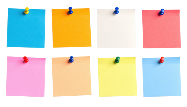 Eight colorful sticky notes pinned in two rows, featuring blue, orange, white, pink, light pink, peach, yellow, and light blue squares.