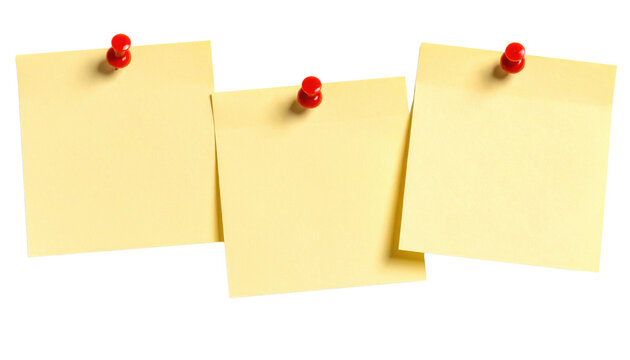 Three blank yellow sticky notes pinned with red thumbtacks in a row.