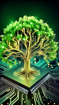 Digital tree emerging from a microchip symbolizes growth in technology, ecological awareness, and sustainable future applications.
