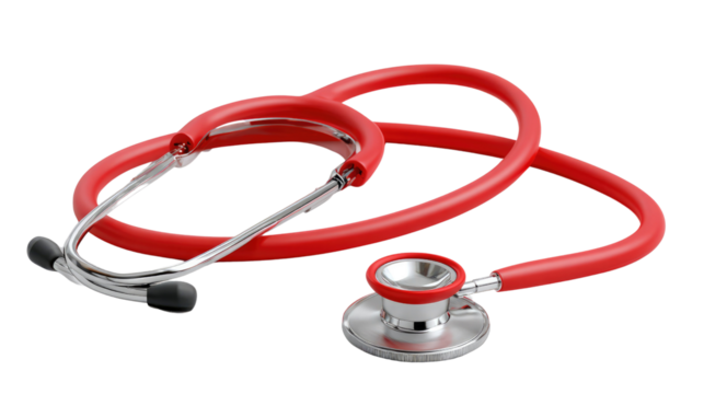 Red Stethoscope Close-up: An eye-level shot of a pristine red stethoscope, meticulously isolated against a clean backdrop, perfect for healthcare and medical concept illustrations.