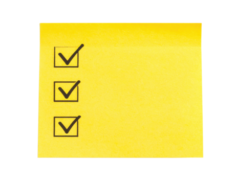 Yellow sticky note with three black checkboxes, each marked with a check, symbolizing completed tasks or approvals.