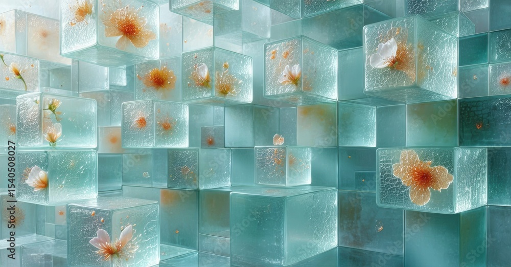 Poster Abstract composition. Cubes contain delicate floral elements. Soft teal hues dominate, creating serene visual experience. Light plays with transparency.