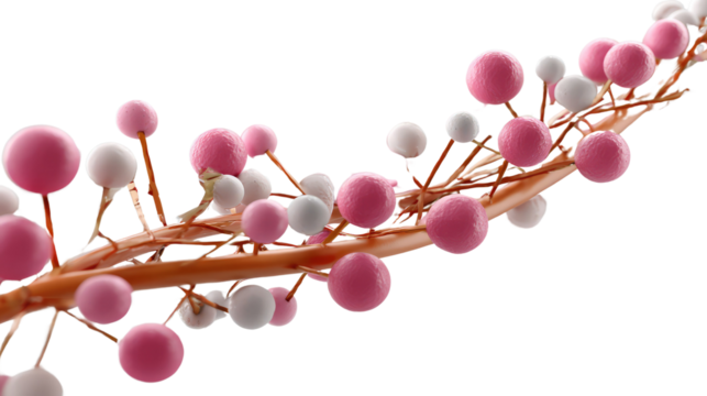 Abstract Molecular Branch: A close-up view of an abstract molecular structure branch with spherical atoms in pink and white, set against a minimalistic background.