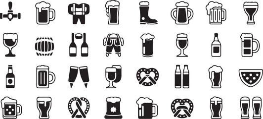 oktoberfest, beer, mug, pretzel, barrel, drink, celebration, hops, icon, set, wheat, bottle, hat, snack, label, pub, graphic, festival, party, food, beverage, decoration, sign, laurel, traditional, el