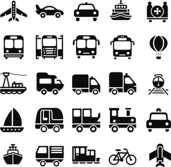 Transport Icons Vector Set - Air, Land, Sea Travel Symbols