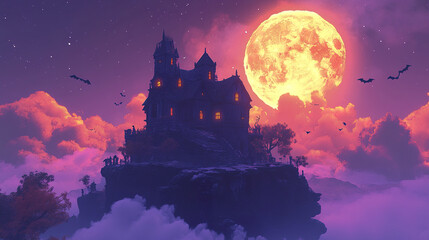 Haunted house on cliff with full moon and bats flying, creating spooky atmosphere