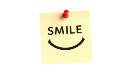 A yellow sticky note pinned with a red pushpin reads "SMILE" above a curved line resembling a smiling face.