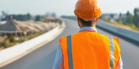 Construction infrastructure highway progress concept. Construction worker surveying a road site in safety gear.
