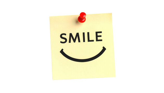 A yellow sticky note pinned with a red pushpin reads "SMILE" above a curved line resembling a smiling face.