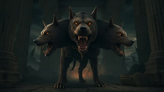 Three-headed dog standing in a dark ancient ruins