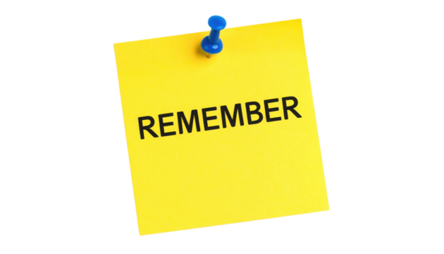 A yellow sticky note pinned with a blue pushpin displaying the word "REMEMBER" in bold black letters.
