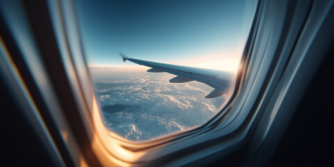 Naklejka premium Airplane wing flying above clouds during sunset, seen through window