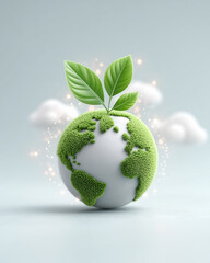 Green leaf is growing on a white globe that represents the Earth. The globe is surrounded by clouds, which adds a sense of depth and atmosphere to the image.