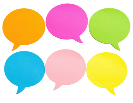 Six colorful speech bubble cutouts in orange, pink, green, blue, light pink, and yellow arranged in two rows.