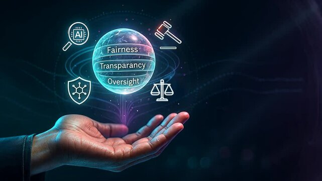 Businessman hand holding bright digital sphere with ai governance icons, showing control, fairness and law in ai, concept of ai ethics, governance, legal tech