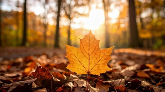 Golden maple leaf stands amidst a forest floor covered in fallen foliage during a sunny autumn day