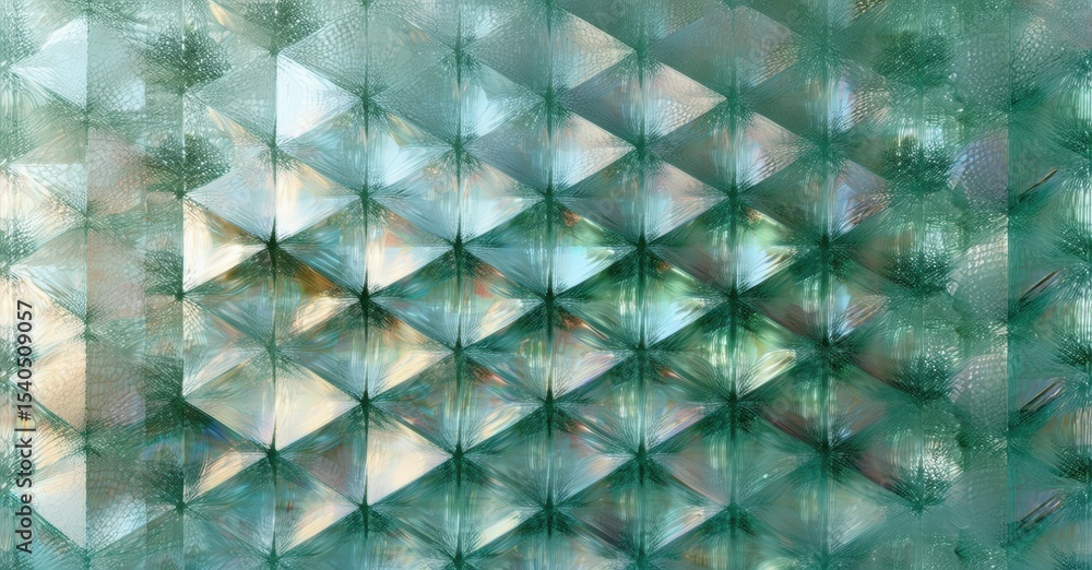 Poster Abstract geometric pattern. Teal, beige tones create textured mosaic effect. Repeating triangles form complex visual rhythm.
