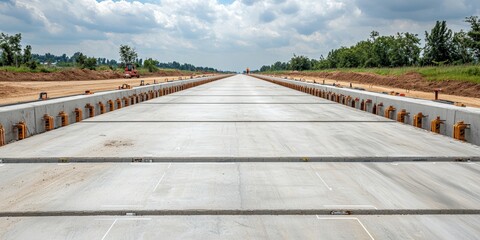 Construction infrastructure highway progress concept. Expansive concrete landscape under a cloudy sky.