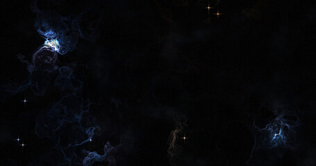 A dark, expansive space scene featuring nebulae, stardust, and scattered stars, creating a sense of cosmic wonder and depth.