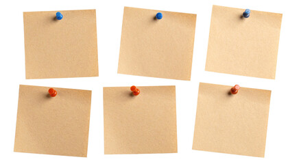 Six blank sticky notes pinned with colorful thumbtacks arranged in two rows.