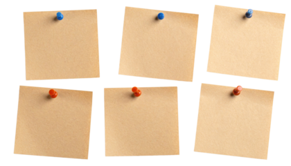 Six blank sticky notes pinned with colorful thumbtacks arranged in two rows.