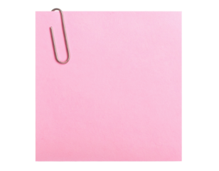 A square pink sticky note with a silver paperclip attached to its top left corner.