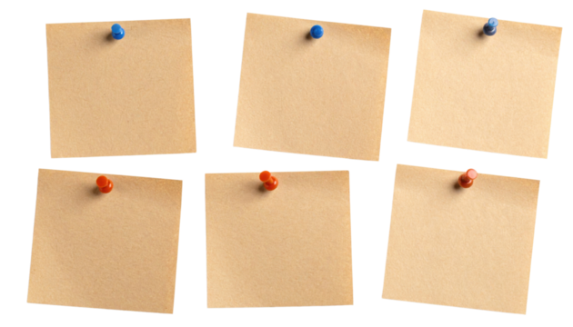 Six blank sticky notes pinned with colorful thumbtacks arranged in two rows.