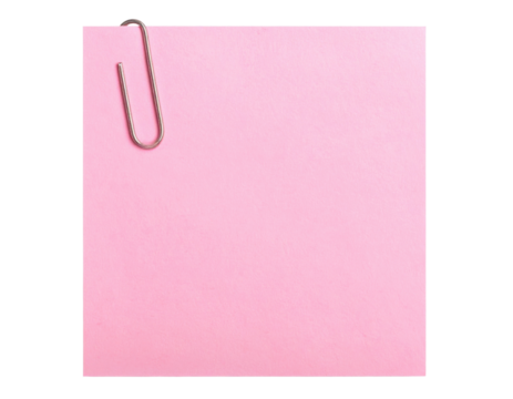 A square pink sticky note with a silver paperclip attached to its top left corner.