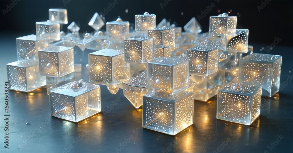 Poster Luminous cubes scatter across dark surface. Light emanates from within, creating warm glow. Geometric shapes dominate composition.