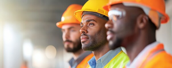 Construction infrastructure highway progress concept. Three construction workers wearing helmets and safety gear in focus.