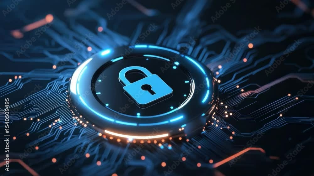Poster futuristic digital lock with circuit patterns representing cybersecurity and data protection concept