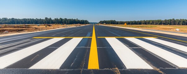 Construction infrastructure highway progress concept. Vast airport runway under a clear blue sky.