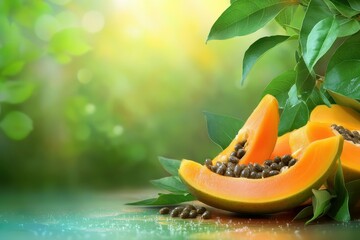 premium quality visual of ripe papaya fruits with seeds and leaves