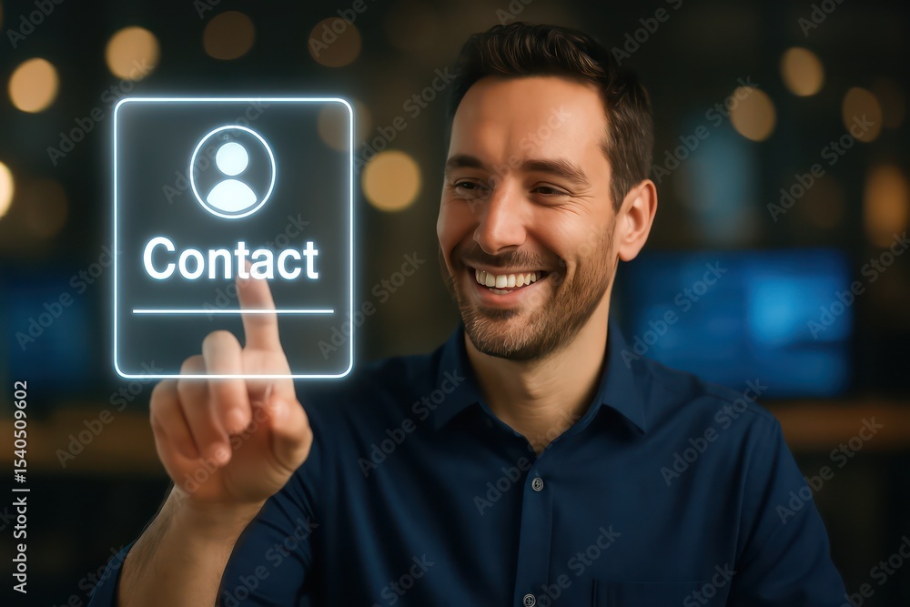 Poster smiling man touching a contact button on a futuristic interface.