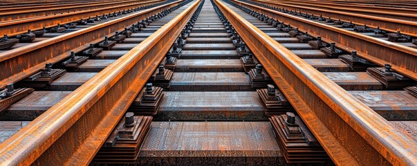 Construction infrastructure highway progress concept. Train tracks leading into the distance with textured rails.